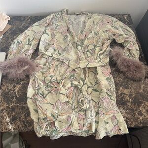Floral Print Robe with Feather Cuffs